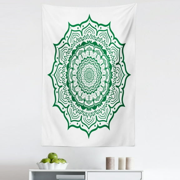 Green Mandala Tapestry, Vintage Mandala Composition with Floral Folklore Design, Fabric Wall Hanging Decor for Bedroom Living Room Dorm, 5 Sizes, Green and White, by Ambesonne