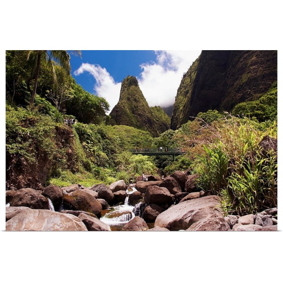 Great BIG Canvas | Rolled Ron Dahlquist Poster Print entitled Hawaii, Maui, View Of Iao Needle With Stream, Blue Sky, Clouds