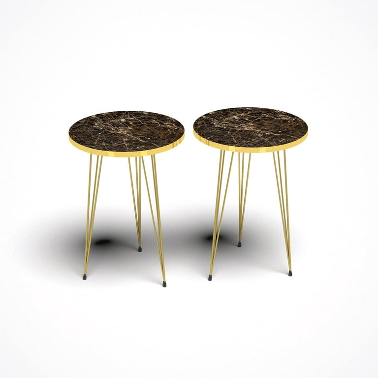 PAK HOME Set of 2 Black Marble End Tables Round Wood Sofa Side