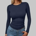thumbnail image 2 of idosla Womens Long Sleeve Stretch Crewneck Ribbed T-Shirt Fitted Casual Basic Tops (Navy, S), 2 of 4