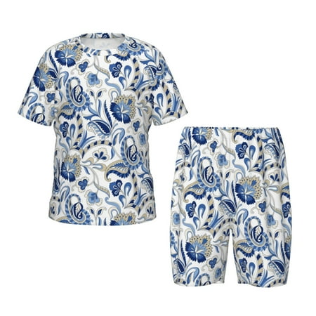 Ocsxa Blue Paisley for Kid s Short-Sleeved Pajamas Set Summer Short Set for Children Round Neck Pjs Set 2pcs Perfect for Little Boys Girls-Medium