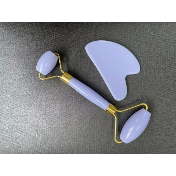 Rose Quartz Face Roller & Gua Sha Set, Skincare Tools for De-Puffing, Sculpting & a Radiant Glow, Natural Stone Facial Massager for Face, Eyes, and Neck,Purple  (packed in OPPO bag)