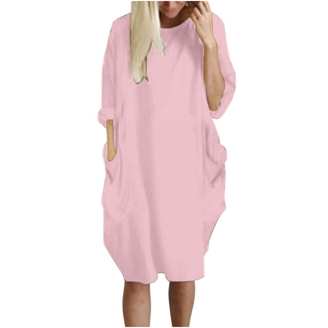 CEHVOM Robe Ample pour Femmes avec Poches, Col pour Dames, Hauts Longs Décontractés, Robe, Grande Taille, Solde