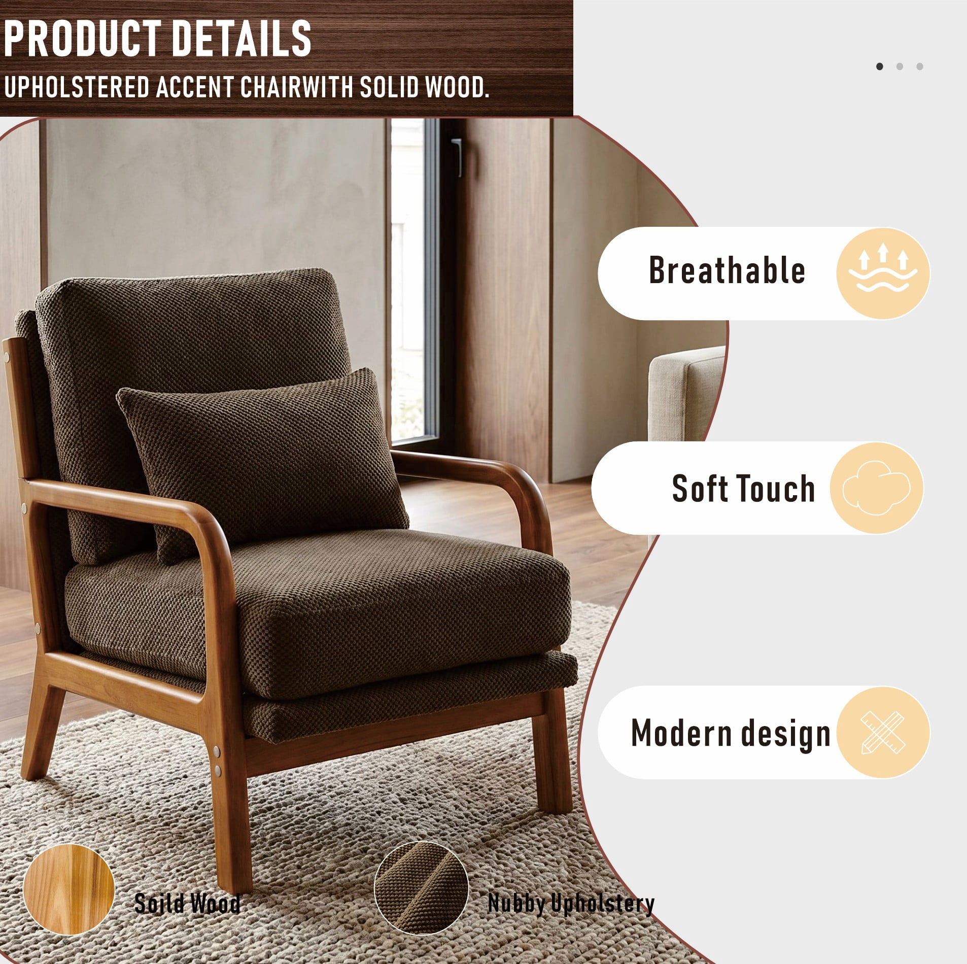 MOONMISS Accent Chair, Reading Club Chair with Pillow for Living Room Bedroom Furniture,Coffee