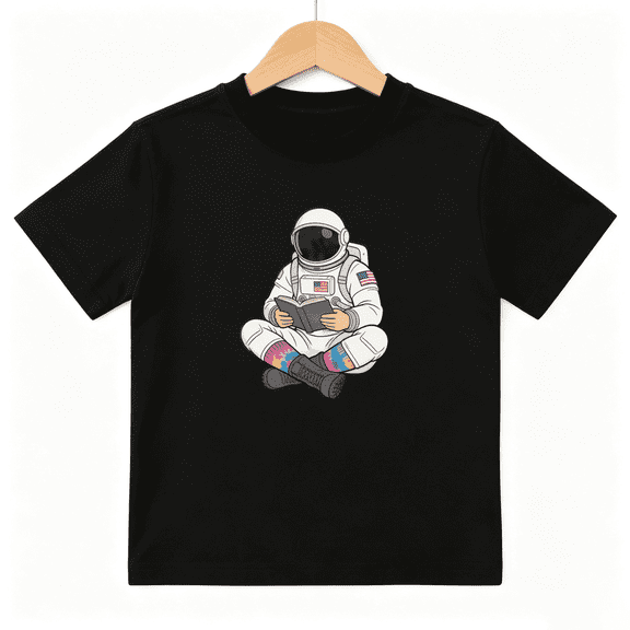 Astronaut Reading Boys Graphic Tee, Cool Space Science Bookworm 100% Cotton Kids Short Sleeve T-Shirt