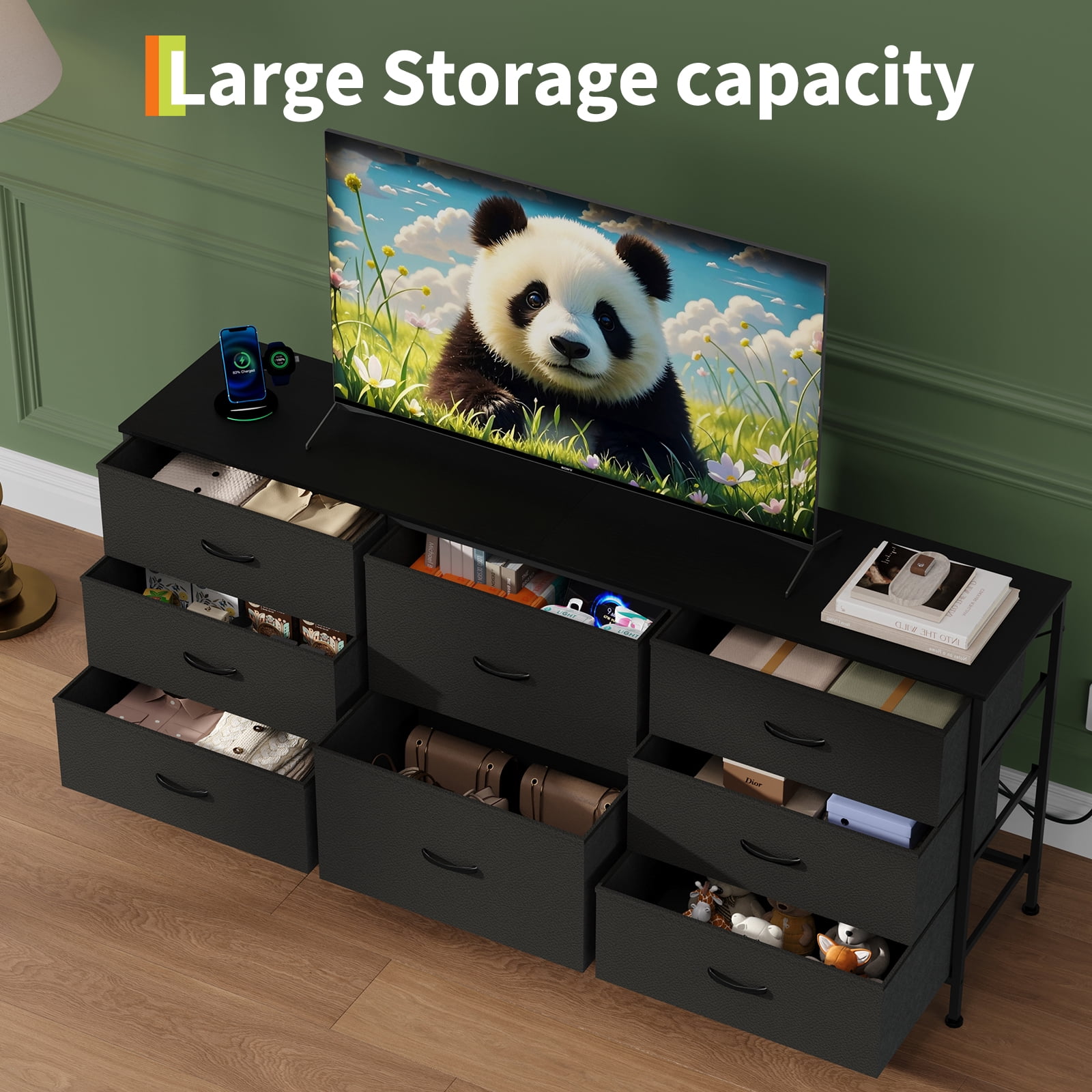 PYY 8-Drawer Black Fabric Dresser TV Stand for Bedroom, Living Room, Home Office - 63" Wide Storage Chest with Wooden Top, Metal Frame, Entertainment Center Fits 65-75" TVs - Black