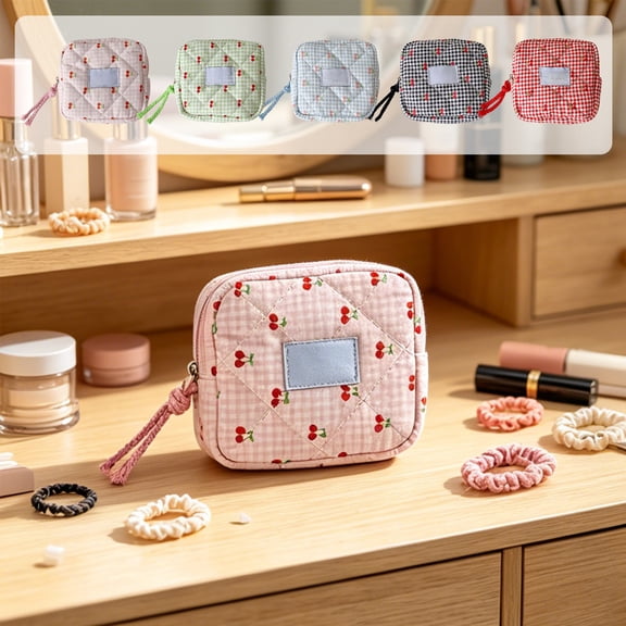 Dongrere Cherry Plaid Cosmetic Bag, Portable Zipper Makeup Pouch, Mini Storage Purse for Travel Work Use, Pink
