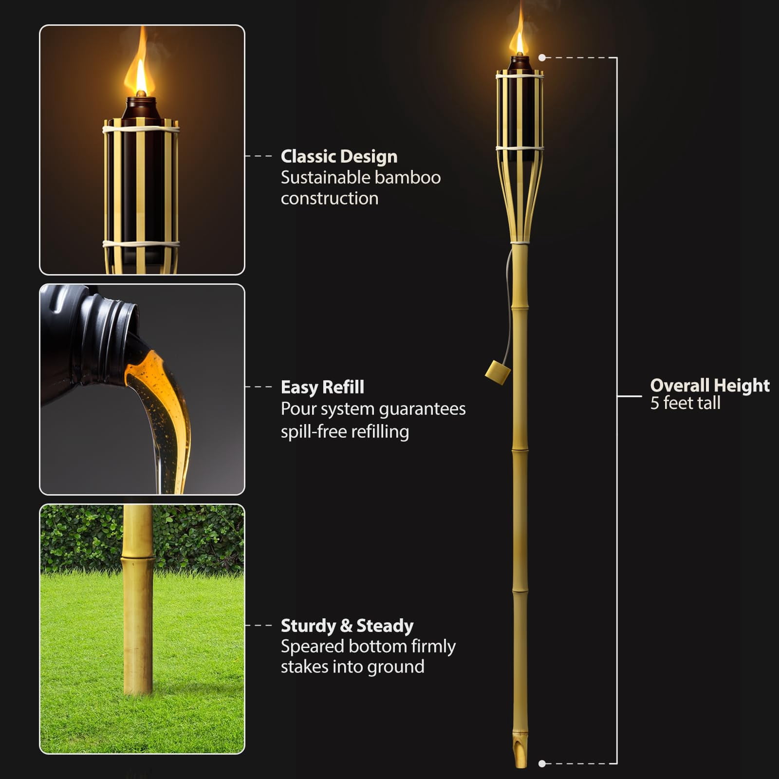 12 Pack 4 Feet Tall Bamboo Torches, Outdoor Garden Backyard Lighting, Oil Lamp for Citronella, 8 Hour Flame, Brown