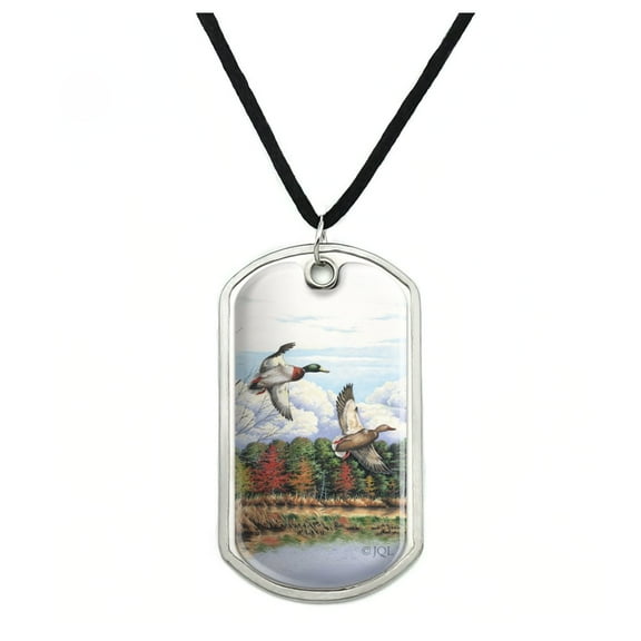 Mallard Ducks Flying Hunting Military Dog Tag Pendant Necklace with Cord
