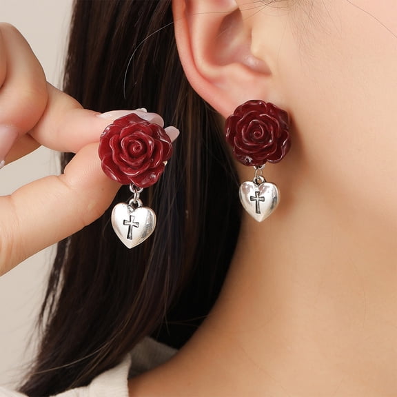 Antqov Valentines Earrings Vintage Gothic Earrings for Women Dangling Heart Rose Earrings Jewelry for Party Travel Holiday Decor, Gifts for Women