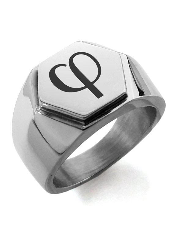 Stainless Steel Golden Ratio Mathematical Engraved Hexagon Crest Flat Top Biker Style Polished Ring