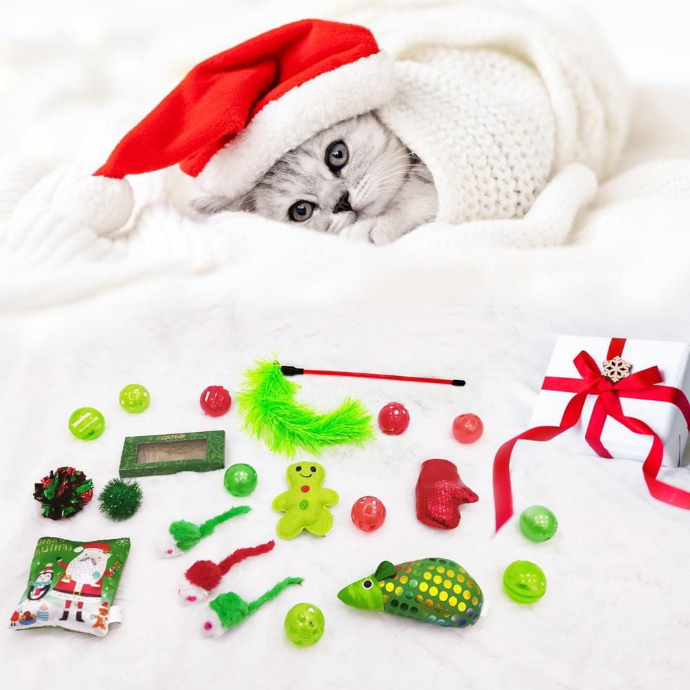 Vibrant Life 21 Piece Cat Toy Stocking, Green, 21 Pieces Catnip Toys