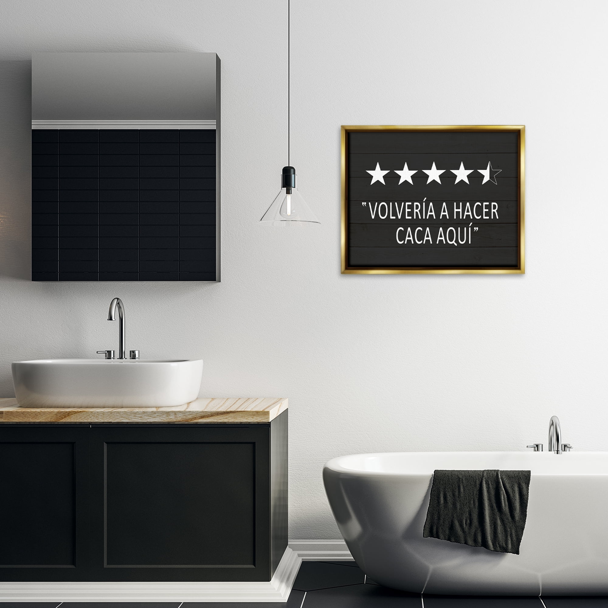 Stupell Industries Baño Cinco Estrellas Bath & Laundry Painting Gold Floater Framed Art Print Wall Art, 31 x 25