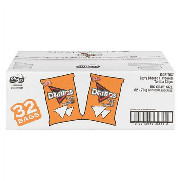 Doritos Zesty Cheese Tortilla Chips, Bold Cheddar & Spice Vending Size, 32-Count Bulk Case (70 g Individual Bags)