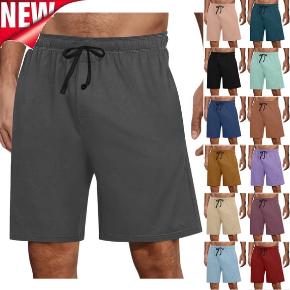 Tqyyweavej Men's Pajamas Shorts Drawstring Elastic Rise Botton Lounge Shorts Wide Leg Solid Color Sleep Shorts with Pockets S-3XL