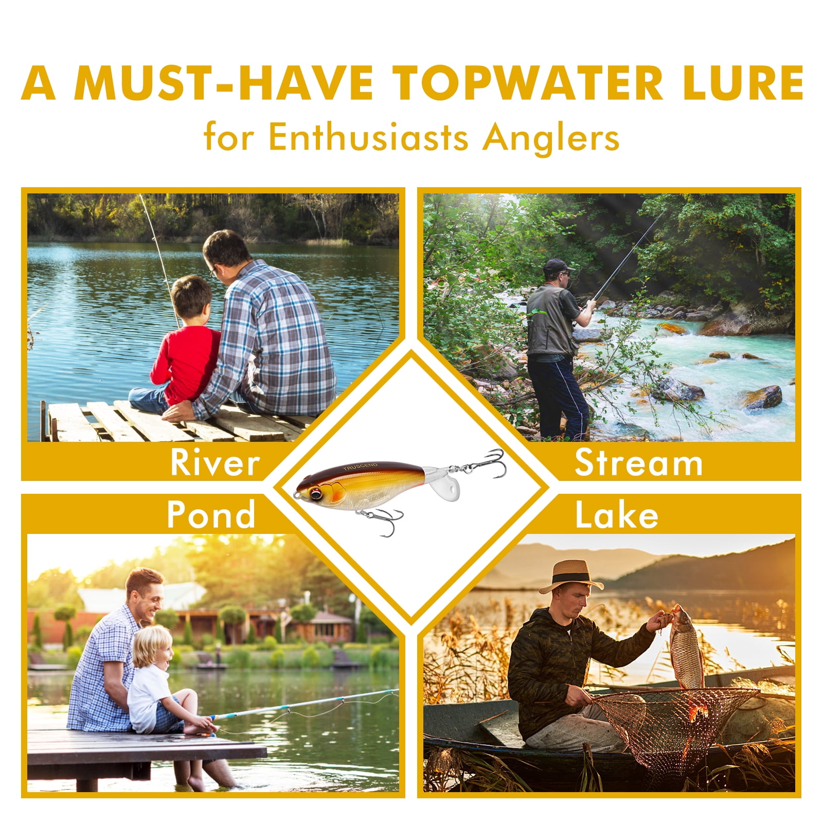 TRUSCEND Popobait Fishing Lures with BKK Hooks, Easy Catch: Instant Startup, Longer Cast, Balanced Spray/Sound/Swim, Topwater Plopper Bait for Bass, Walleye, Catfish, Pike, Great for Family Fishing
