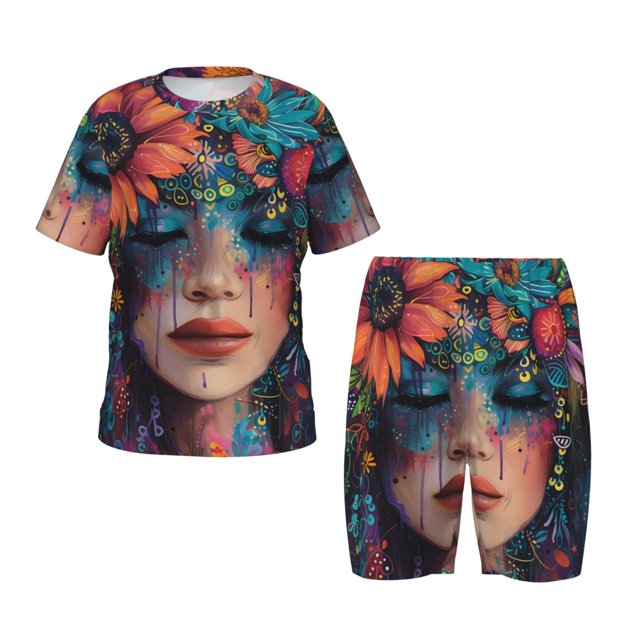 Balery Bohemian Colorful Flower Woman Conjunto de Pijama Infantil de Manga Corta con Estampado – Ropa de Dormir de Algodón Suave-3X-Large