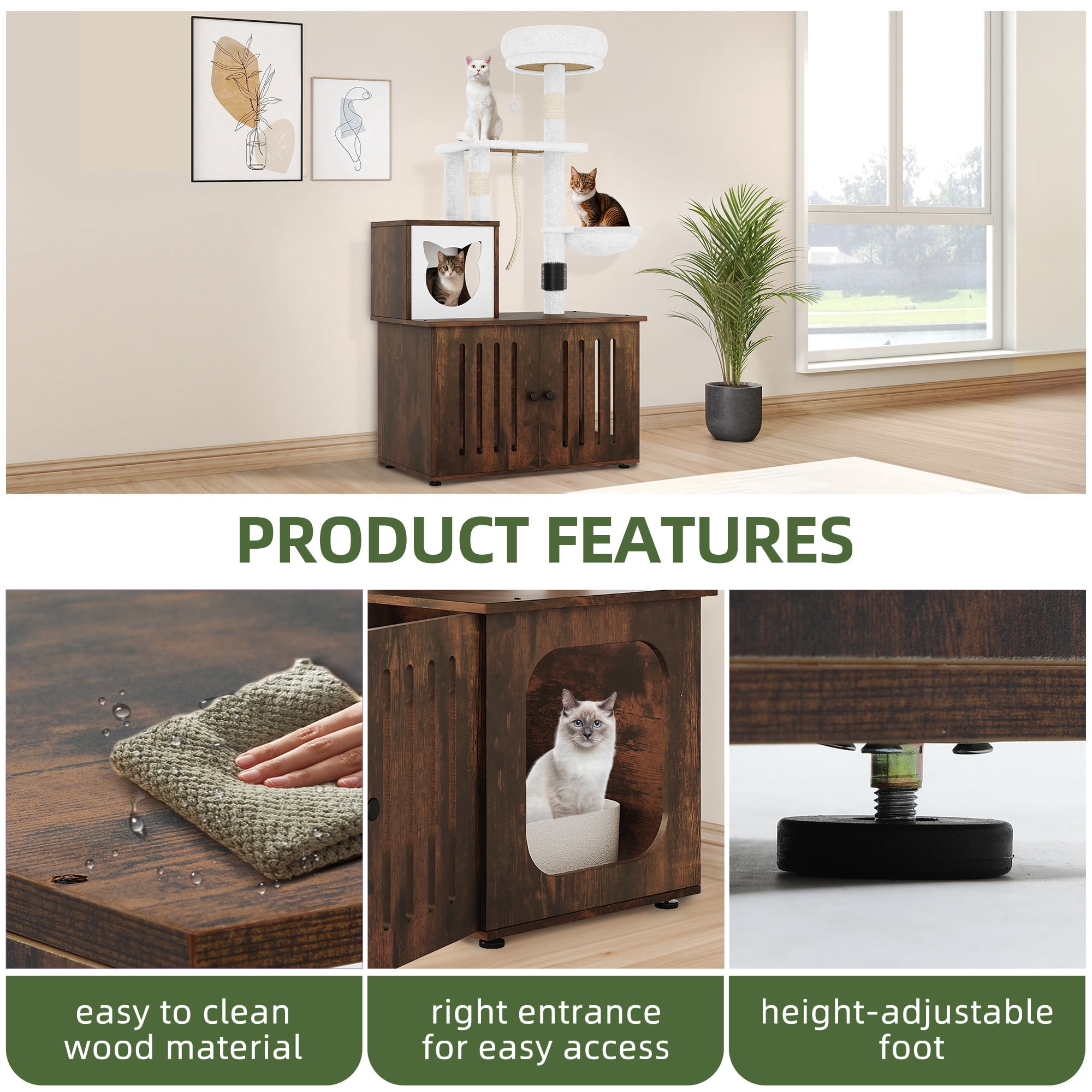 Uforic Cat Tree with Litter Box Enclosure, 2-in-1 Modern Cat Tower Combo, 53.5" Hidden Litter Box Furniture, Rustic Brown