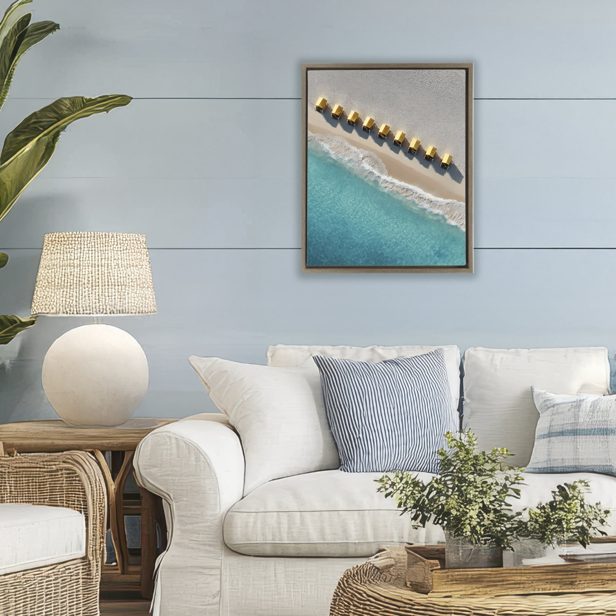 Stupell Industries Yellow Cabanas Along Shore Brown Framed Floater Canvas Wall Art, design by Franklyn Gregory