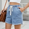 thumbnail image 4 of Mohiass Jean Shorts for Women Drawstring Elastic High Waist Roll Up Hem Summer Casual Baggy Stretchy Denim Shorts Jorts 2025 Light Blue XL, 4 of 6