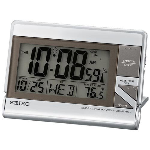 Seiko QHR016SLH Global R-Wave Travel Alarm Metallic Case Clock 
