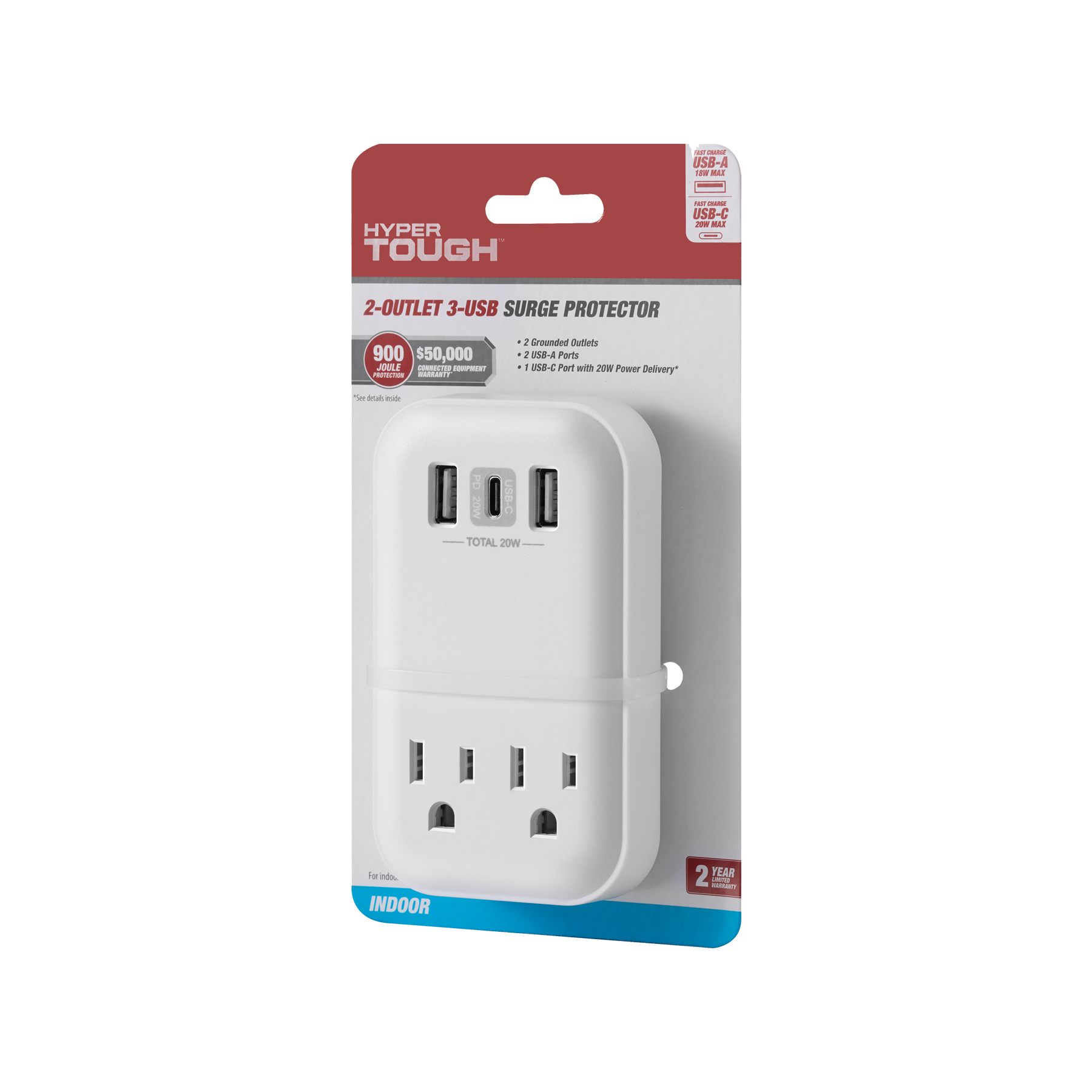 Hyper Tough USB Outlet Extender, 900J Surge Protector, 2 Outlet Splitter with USB-A & USB-C, White