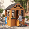 thumbnail image 4 of Dateyes Kids Wooden Playhouse 4x4FT Indoor Outdoor Cottage with Kitchen Sink, Blackboard & Doorbell, 4 of 7