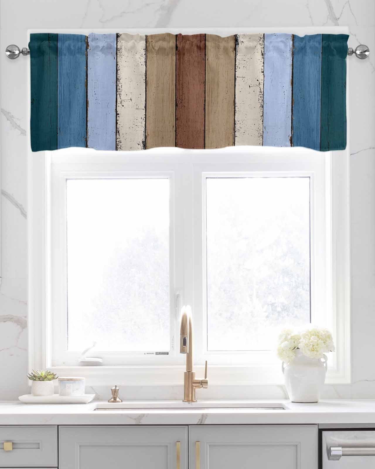 Blue Brown Kitchen Valances for Windows Farmhouse Linen Window Valance Curtain for Living Room Window Treatment Farmhouse Wood Grain Vintage Vertical Striped Valance Rod Pocket Topper, 42 x 12 Inch