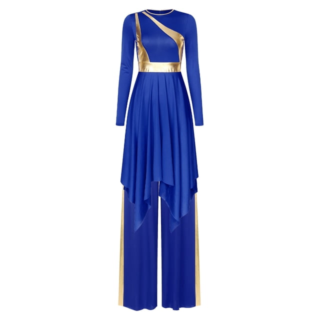 Linjinx Womens Liturgical Dance Costume Metallic Shiny Patchwork Irregular Dress with Wide-Leg Pants Blue M