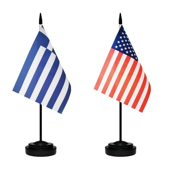 USA American & Greece Greek Desk Flags, US Greece Table Flag, Small Mini American & Greek Twin Table Office Flag, Miniature Greek and US Desktop Flag With 13" Solid Black Pole, Black Base