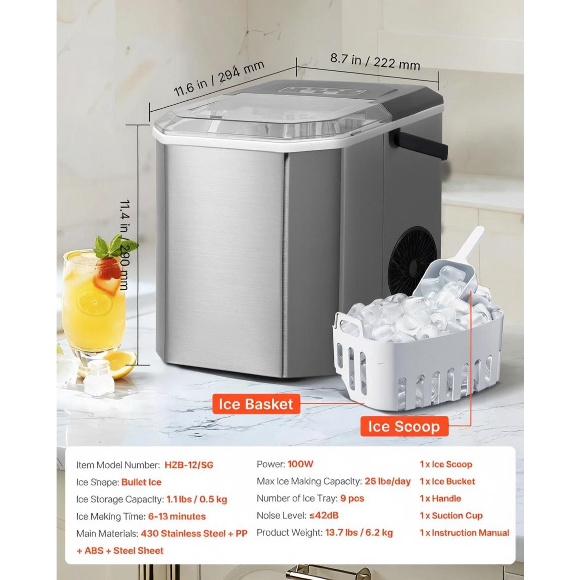 Countertop Bullet Ice Maker, 26 lbs/24H Portable Ice Machine, 9 Cubes Ready in 6 Mins, 2 Ice Sizes, Self-Cleaning Ice Maker with Scoop & Basket, Quiet ≤42dB for Home Kitchen Office Bar Party