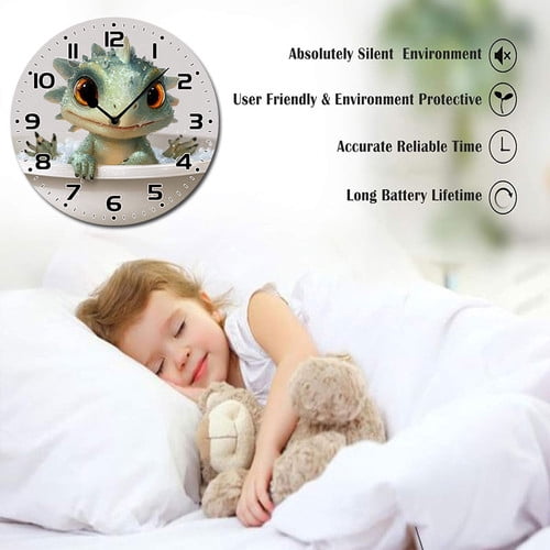 ZXCXRQFa Silent Clocks Cute Baby Dinosaur In Bathtub 10" Retro Vintage Clock Non-Ticking Silent Wood Wall Clocks Battery Operated Decor Retro Design for Kitchen/Living Room/Bedroom/Farmhouse