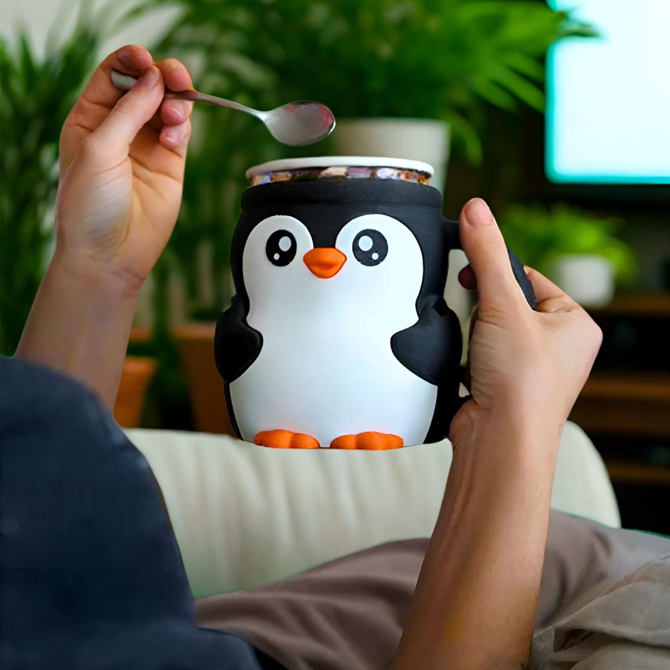 ACDANC Penguin Pint Size Ice Cream Holder - Reusable Cute Design with Spoon Slot&Cozy Handle (2PCS)