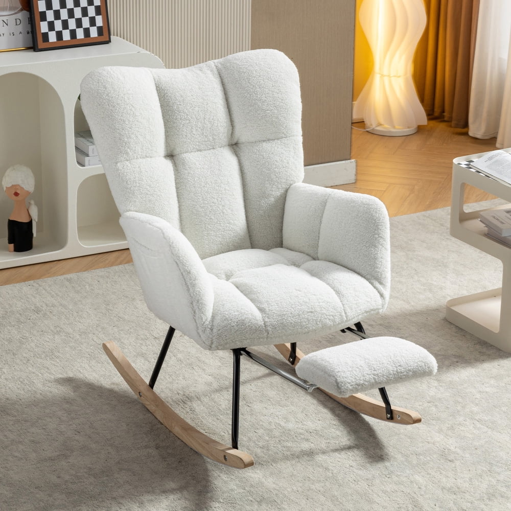Ivory Teddy Fabric Rocking Chair with Adjustable Footrest – High Back Nursery Glider with Storage Pocket, Sturdy Wood and Metal Frame, Comfy Lounge Rocker for Living Room, Bedroom, Nursery