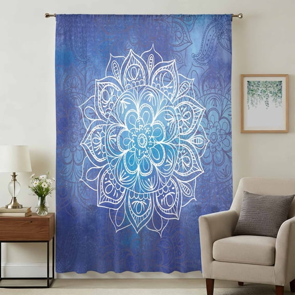 Boho Flowers Sheer Curtains 96 Inches Long, Blue Floral Bohemian Vintage Country Light Filering Curtains, Privacy Drapes Simi Floor to Veiling Curtain for Living Room Bedroom Large Window Treatment