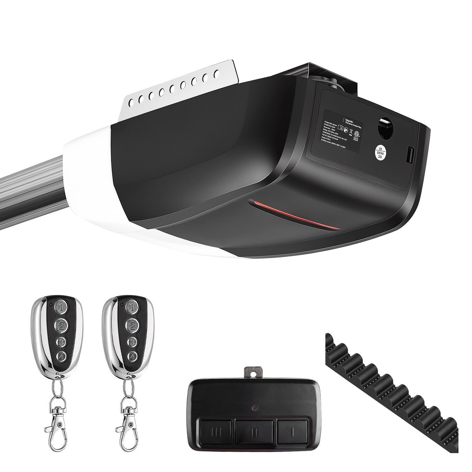 KFFKFF Garage Door Opener 1/2 HP Ultra-Quiet Belt Drive with WiFi Connectivity for Residential Use Includes Sturdy Rail 3 Remote Controls Smartphone App Integration Safety Sensor Black & White
