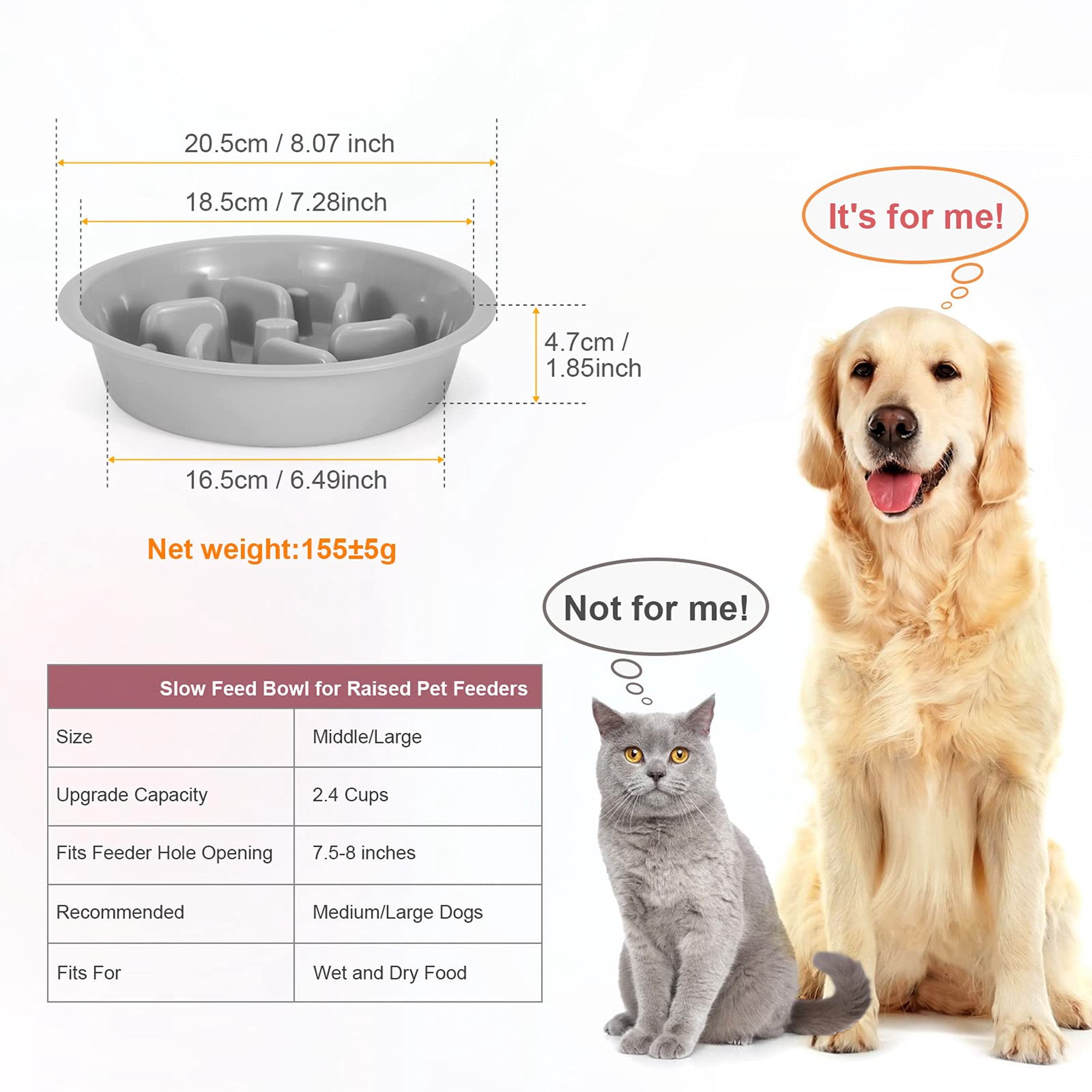Slow feeder dog bowl, puzzle design eleated dog bowl replacement, bloat stop interactie dog bowl for raised feeders, fits 7.5 to 8 inch openings, gray