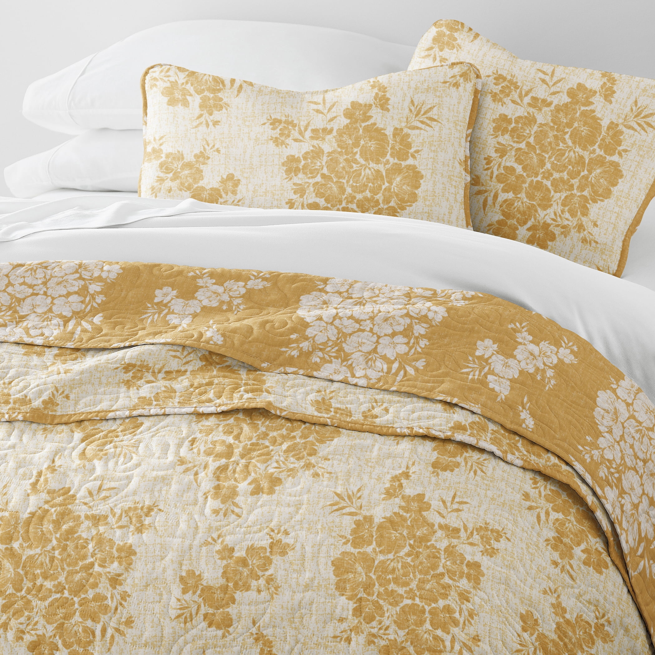 Lightweight Quilt Sets - Wrinkle Free - Coverlet Mustard Yellow Floral Patterns for Full/Queen Size Bedding by Comfort Canopy