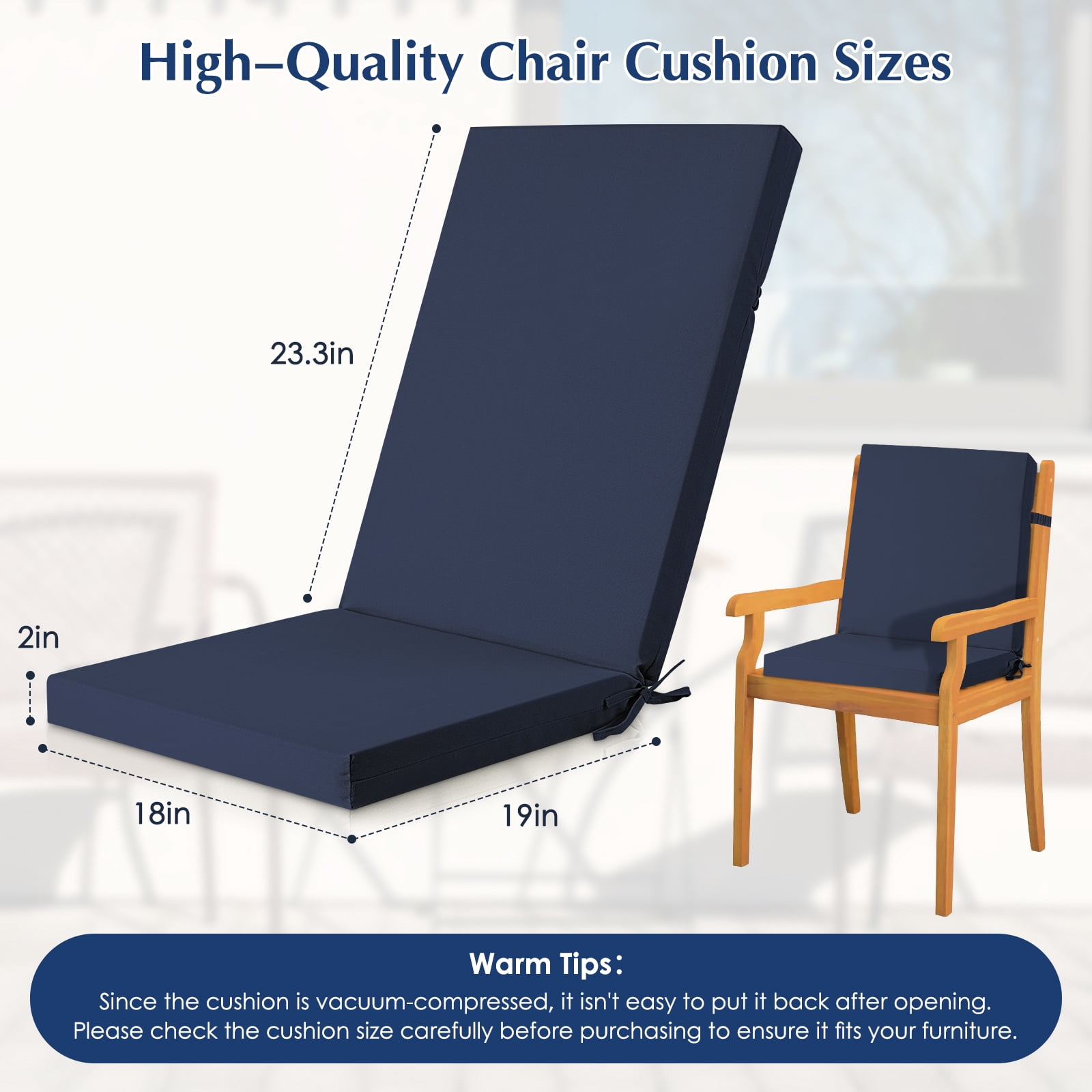 Outdoor Chair Cushions, Thick Patio Seat Cushions Outdoor Chair Pads, 42"L x 18"W Rectangle Waterproof Outdoor Chair Cushion Garden Sofa Couch Chair Pads, Premium Comfortable, Dark Blue