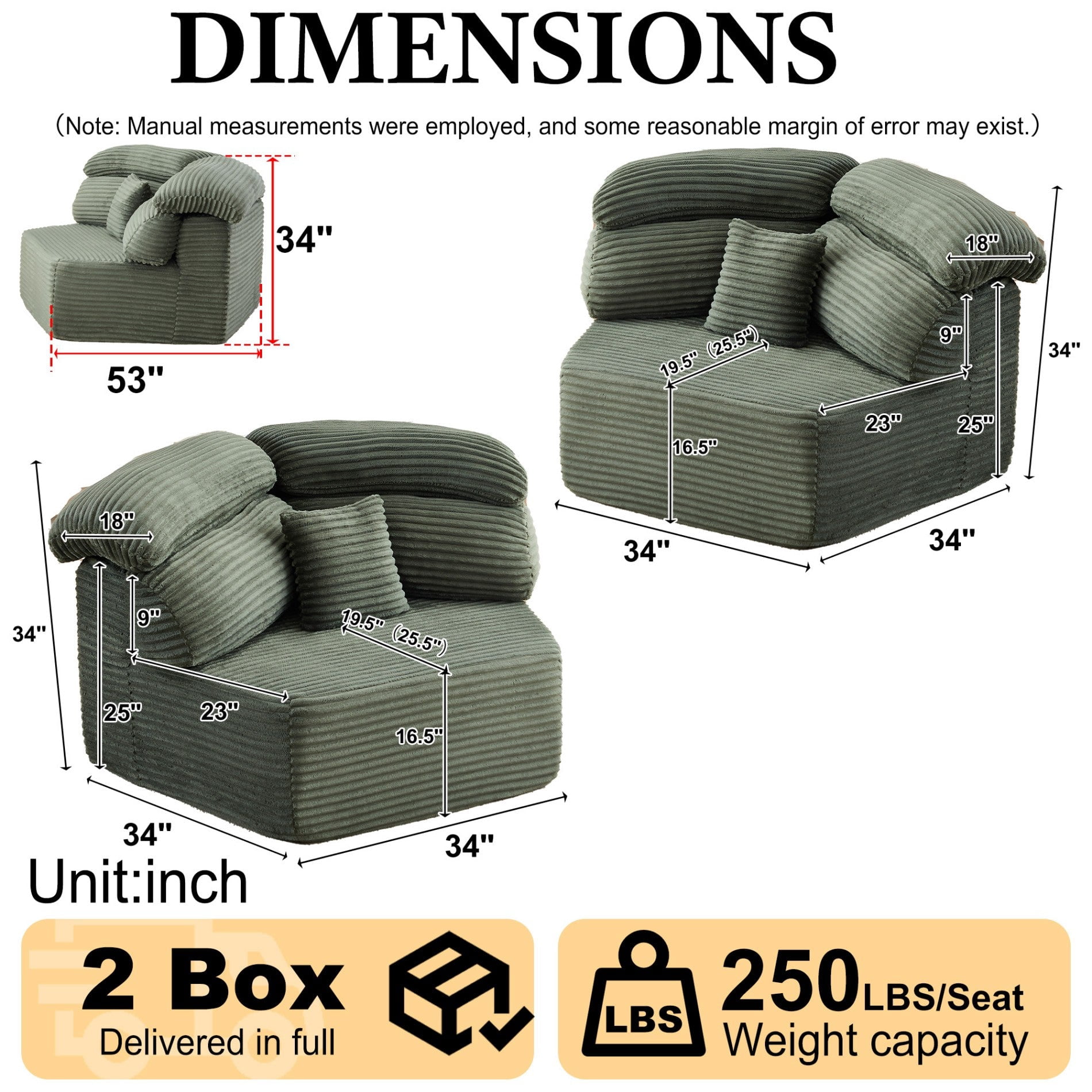 Sailvan 2PCS 53" Modern Corduroy Modular Lounge Chair, Pentagonal Seater Cloud Sofa with 6 Enveloping Pillows for Living Room Green