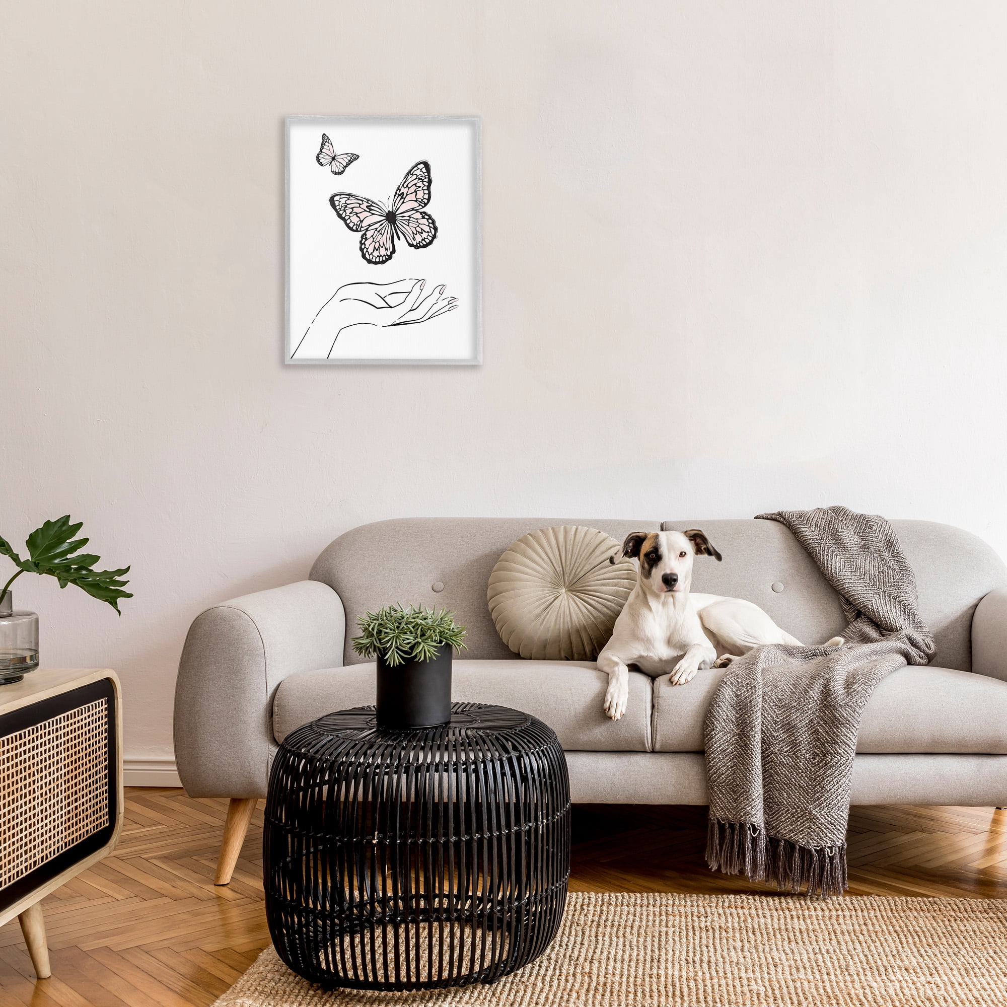 Stupell Industries Minimal Catching Butterflies Animals & Insects Painting Gray Framed Art Print Wall Art, 24 x 30