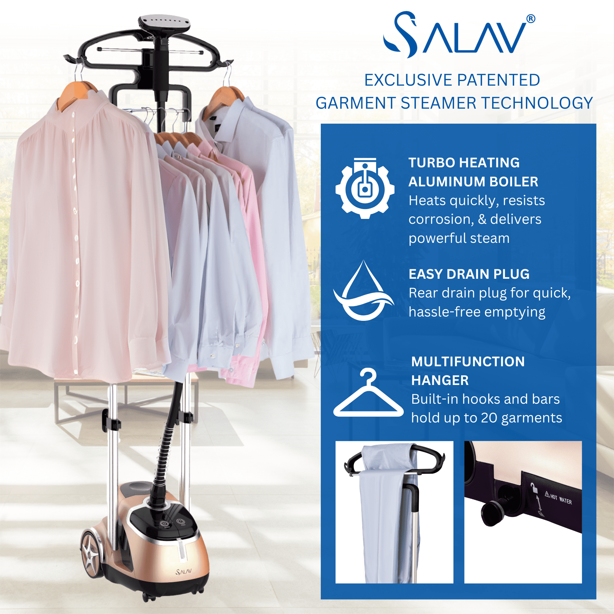 SALAV Pro Series Garment Steamer with Dual Bars & Foot Pedal Controls