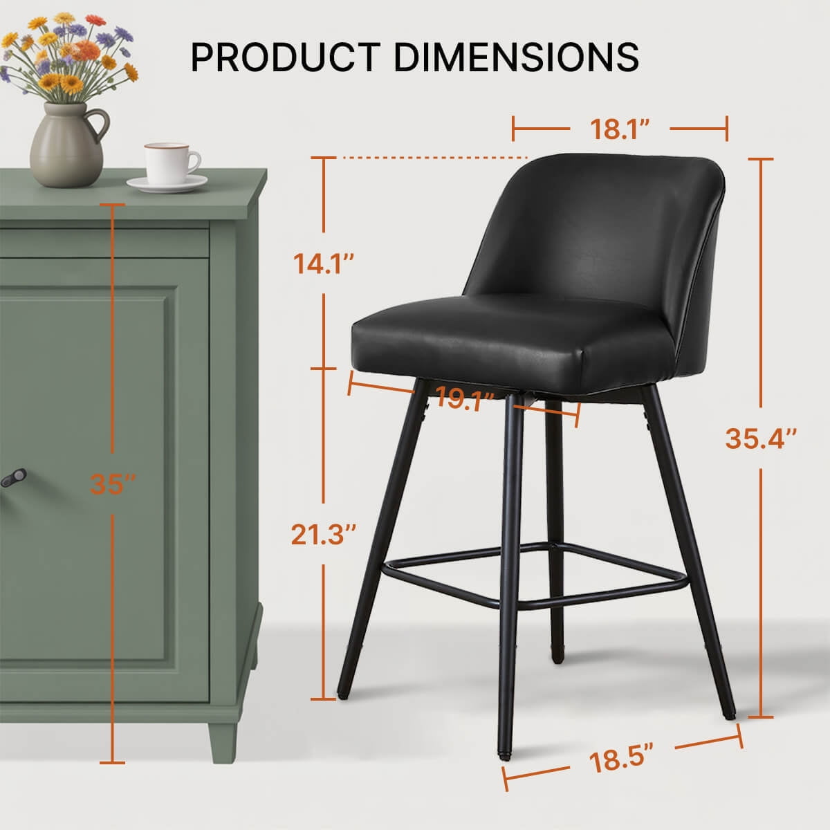 L'AGRATY Modern Bar Stools Set of 2, 26" High-Back Counter Stools, Faux Leather Upholstery, for Kitchen Island, Home Bar, Grey