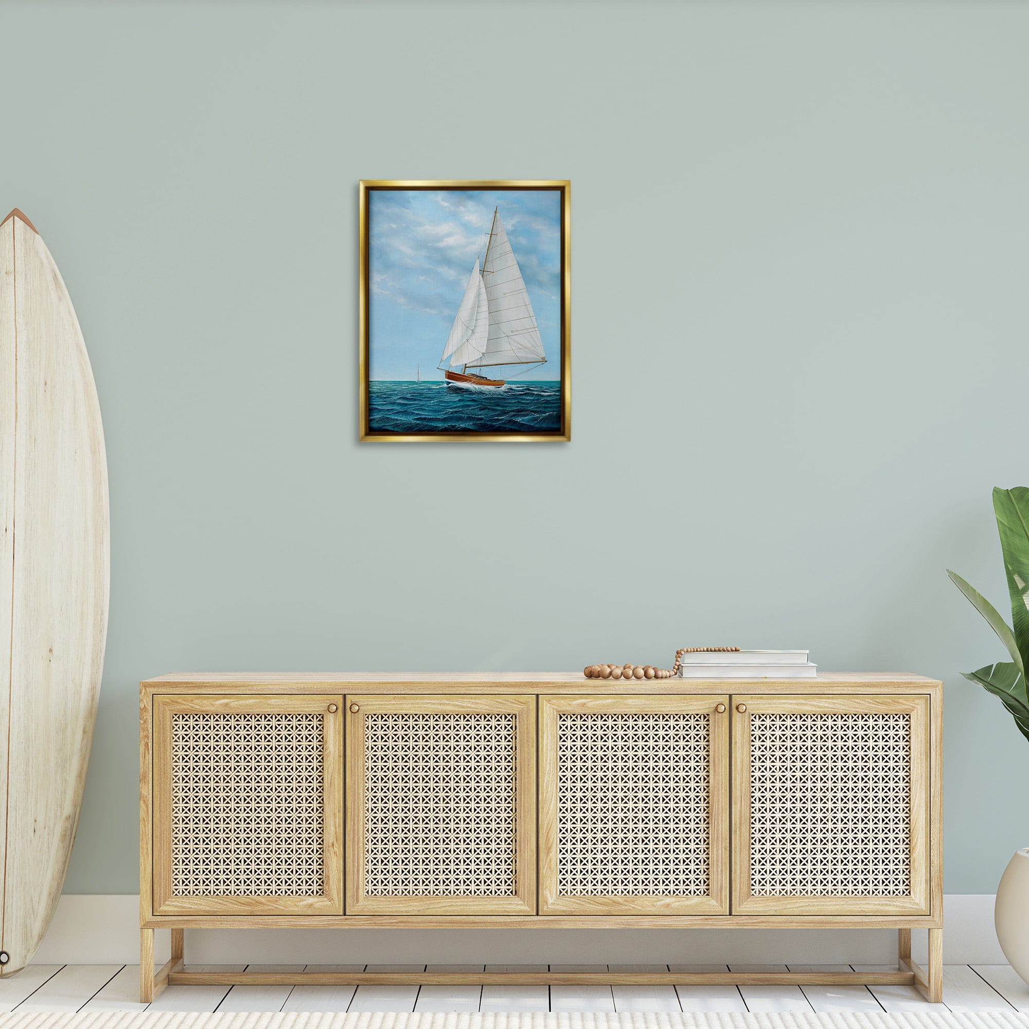 Stupell Industries Nautical Sailboat Waves Transportation Painting Gold Floater Framed Canvas Art Print Wall Art, 25 x 31
