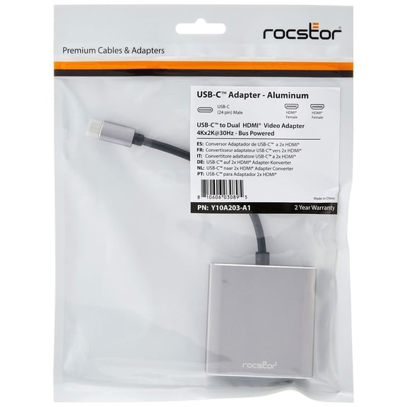 Rocstor Y10A203-A1 Premium USB-C to Dual HDMI Multi Monitor Adapter - 4K 30Hz
