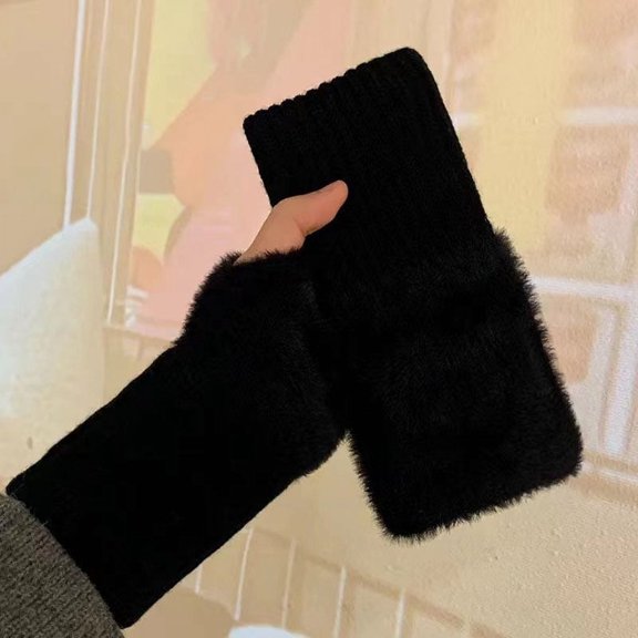 KuKuZhu Winter Warm Half Fingered Gloves For Women Students Velvet Knitted Fingerless Gloves Outdoor Indoor Soft Plush Hand Warmer