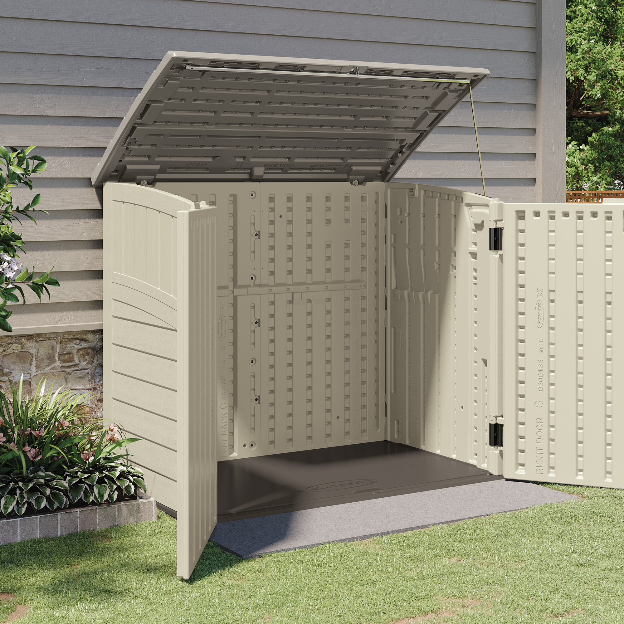 Suncast 34 cu. ft. Horizontal Outdoor Resin Storage Shed, Vanilla, 53 in D x 45.5 in H x 32.25 in W - image 3 of 10