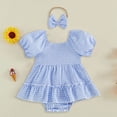 thumbnail image 2 of Vdoaml Baby Clothes for Girls Short Sleeve Bodysuit Infants Gingham Cute Romper Dress with Bow Headband 3-6 Months Blue, 2 of 4