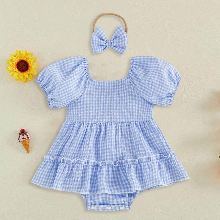 Vdoaml Baby Clothes for Girls Short Sleeve Bodysuit Infants Gingham Cute Romper Dress with Bow Headband 3-6 Months Blue