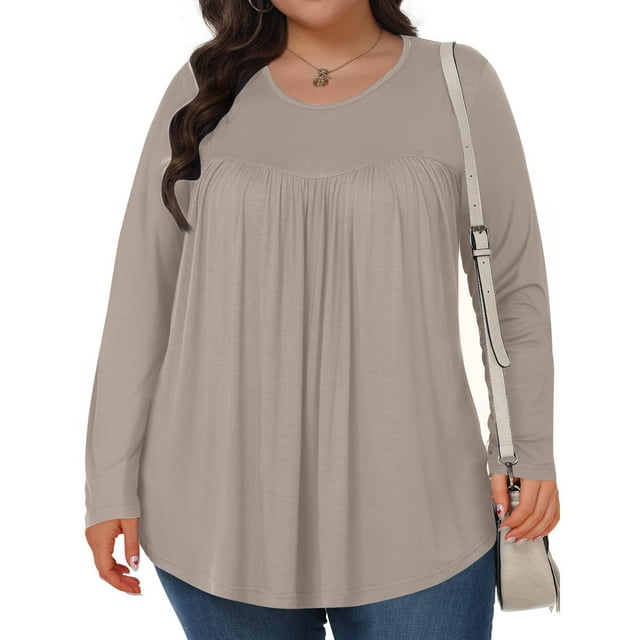 HongQid Hauts pour Femmes Grande Taille Col Rond T-Shirt Couleur Unie Manches Longues Tunique Plissée Décontractée
